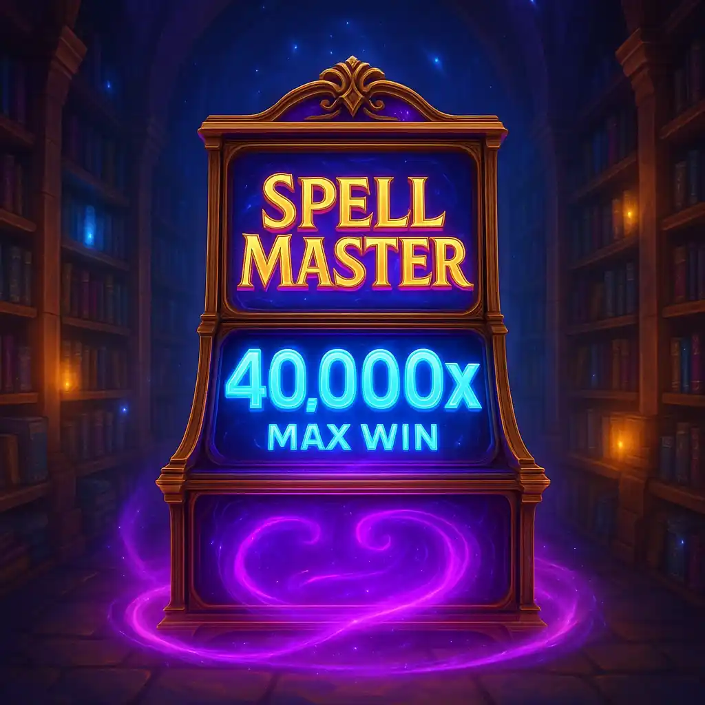 Logotipo de la tragaperras SpellMaster con portal luminoso de 40.000x ganancia máxima