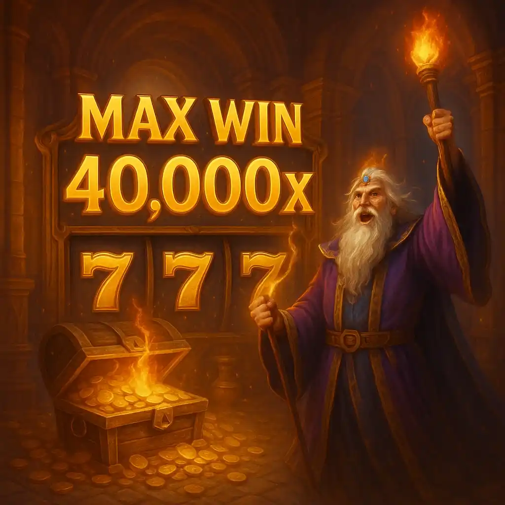 SpellMaster slot wizard raising staff with 40,000x jackpot glowing