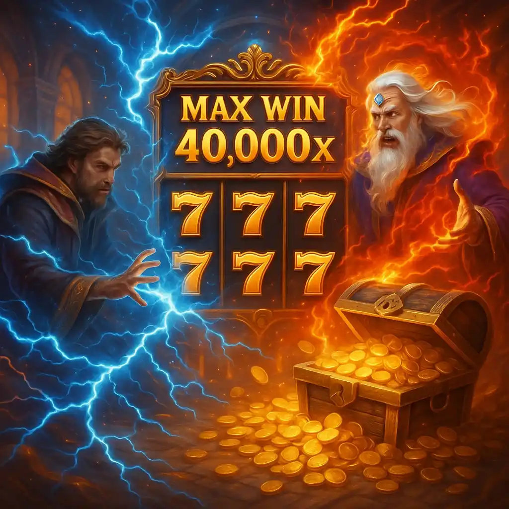 SpellMaster duel scene with wizard, treasure chest and 40,000x win